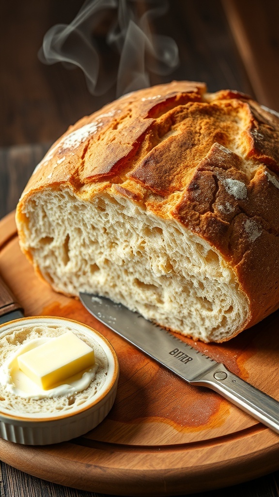 Freshly baked sourdough bread on a wooden board with a golden crust and steam rising.